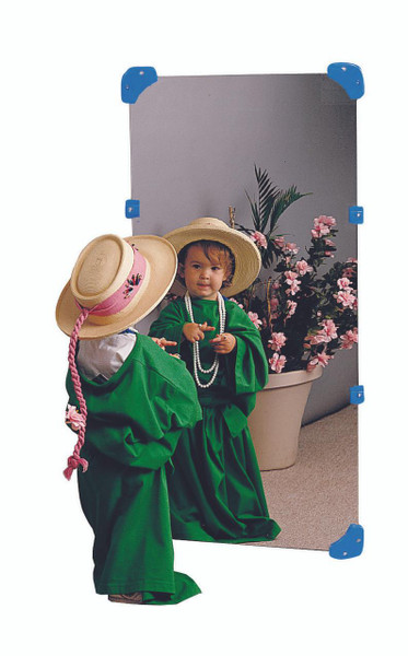 Children's Factory Children's Wall Mirror 24in x 48in, reflective mirror with blue corner protectors, featuring two children in costume looking at their reflection.